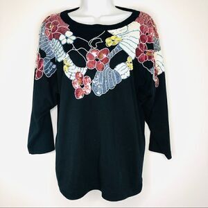 CerVelle Black Sequin Floral 3/4 Sleeve Tunic Top Large
